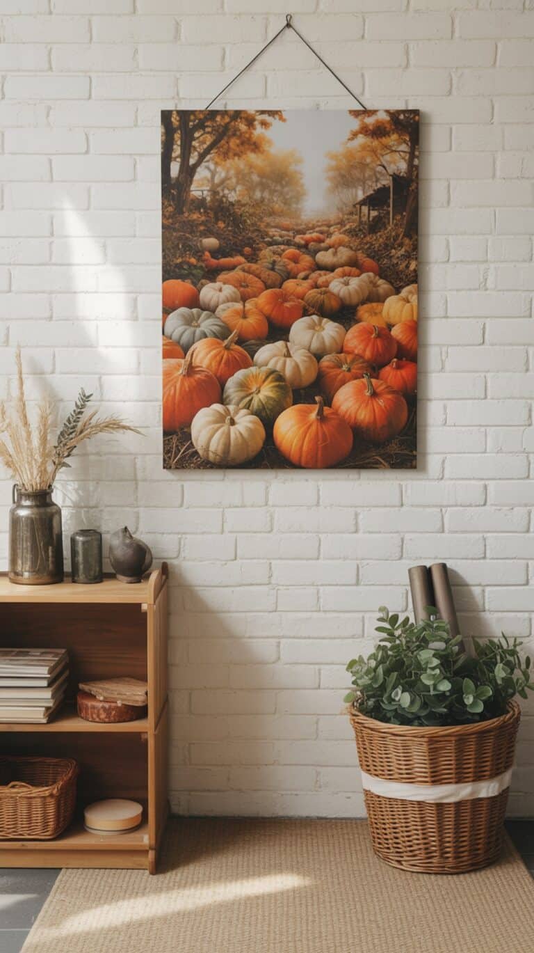 A cozy room with a white brick wall featuring a hanging picture of a pumpkin field. Below, a wooden shelf holds books and rustic decor like a vase and basket. A wicker basket with green plants is placed on the floor beside the shelf, adding to the warm, autumnal atmosphere.