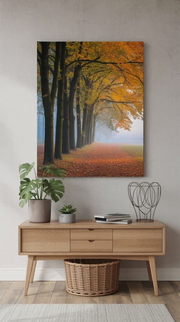 A living room with a light wood console table featuring a potted monstera plant, a small succulent, two stacked books, and a wireframe ornament. Above the table hangs a framed picture of a tree-lined path with autumn leaves, leading into the misty distance.