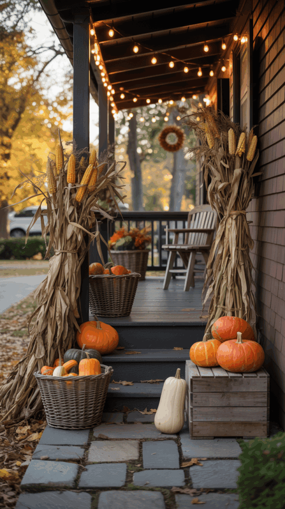 A porch decorated for autumn with pumpkins, corn stalks, and festive lights, featuring a wooden bench and a wicker basket filled with gourds.