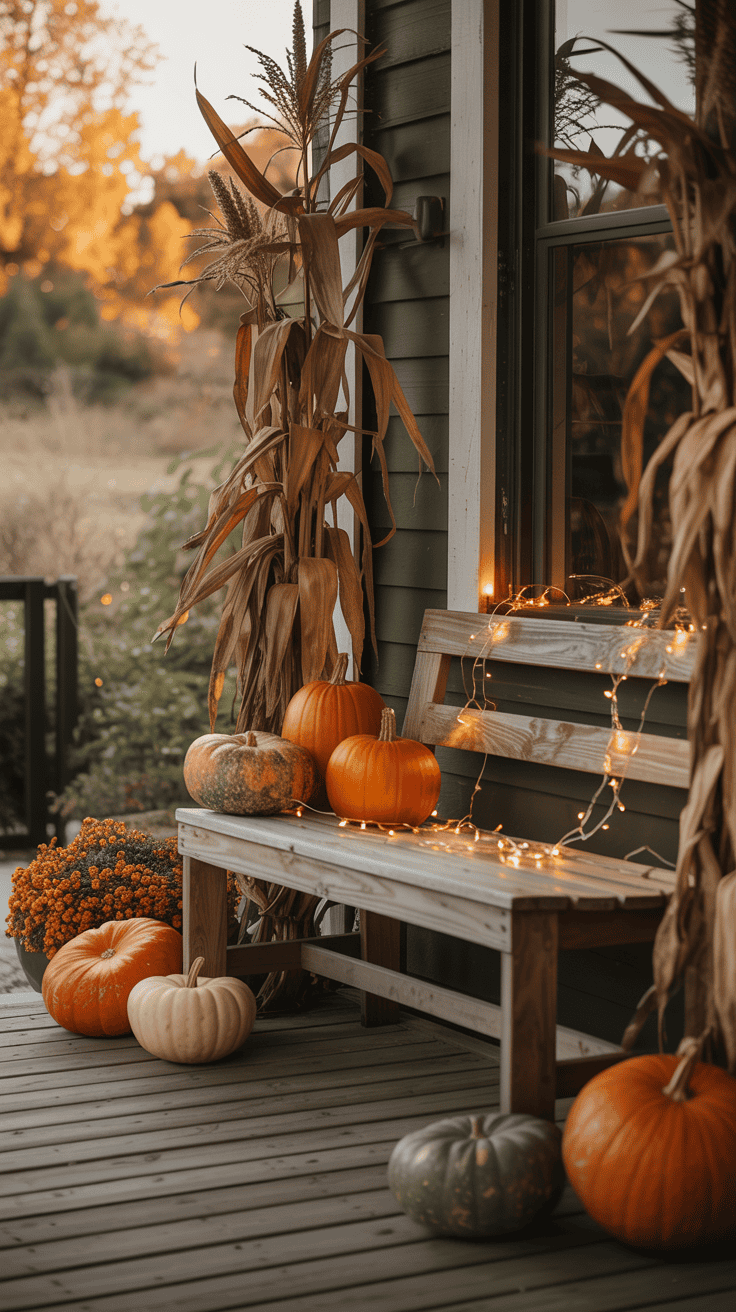 A cozy autumn porch decorated with pumpkins, corn stalks, and string lights, featuring a wooden bench with various squashes and a potted plant with orange flowers.