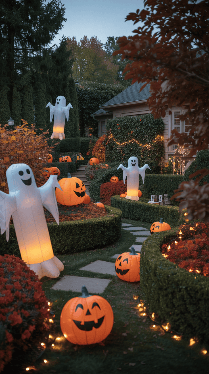 Front yard decorated for Halloween with inflatable ghosts and jack-o'-lanterns among neatly trimmed hedges and bushes, illuminated by string lights at dusk.