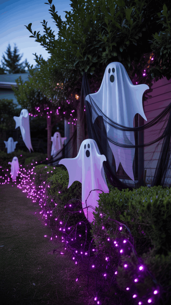 Halloween decorations featuring white ghost figures hanging from trees, with purple string lights illuminating the bushes below, creating a spooky atmosphere.