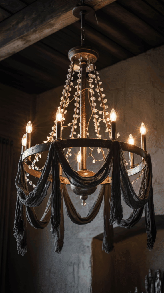 A rustic chandelier with eight lit bulbs and draped with black cloth and strings of crystal beads hanging from a wooden ceiling.