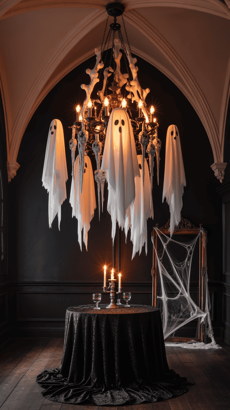 A spooky interior featuring a chandelier decorated with ghost decorations hanging from it. Below is a round table draped with a black cloth, holding a lit candelabra and two glasses. A large frame in the background is covered with cobwebs, enhancing the eerie atmosphere.