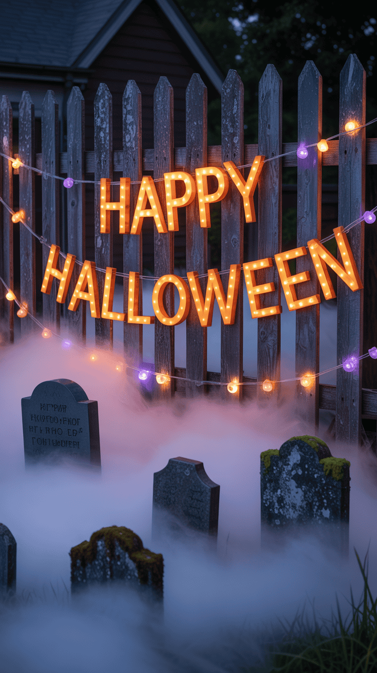 A mock graveyard scene with tombstones surrounded by fog, featuring a wooden fence decorated with illuminated letters spelling 'HAPPY HALLOWEEN' and colorful lights.