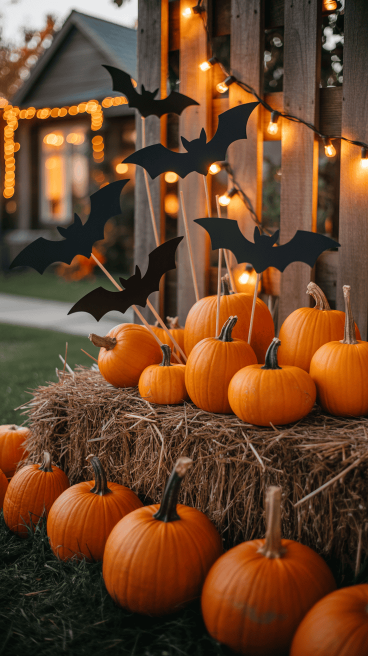 A festive Halloween scene with hay bales adorned with orange pumpkins and black bat decorations. String lights illuminate the background, creating a warm, inviting glow near a house.