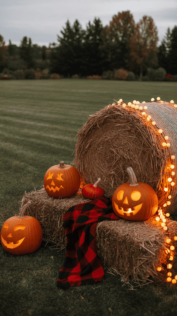 Three carved pumpkins with glowing faces sit on and around hay bales, adorned with a red and black plaid blanket and decorative string lights, set against a grassy field and trees in the background during dusk.