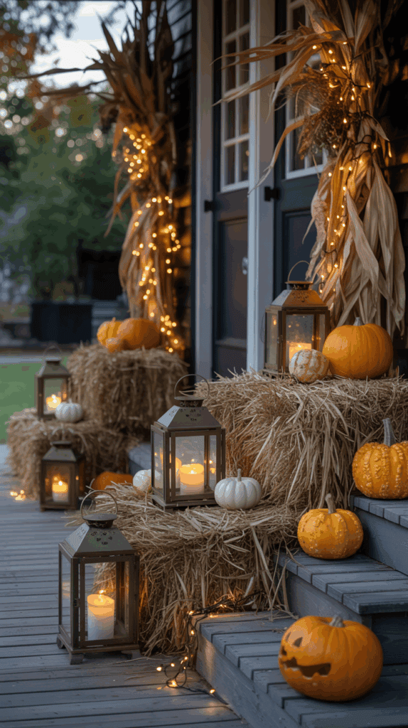 A decorated front porch featuring hay bales, pumpkins, lanterns with candles, and string lights draped around corn stalks, creating a festive autumn atmosphere.