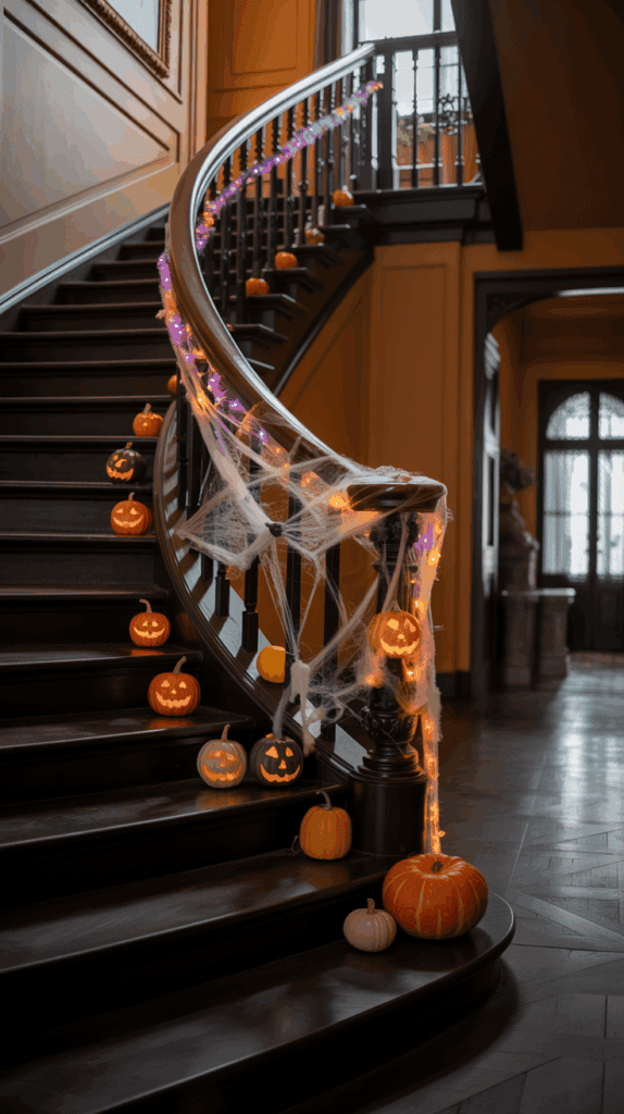 A staircase decorated for Halloween with carved pumpkins, cobwebs, and orange and purple lights draped along the banister.