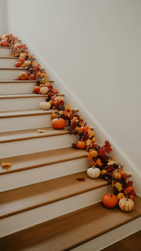 A staircase decorated with pumpkins and autumn leaves arranged along the side.