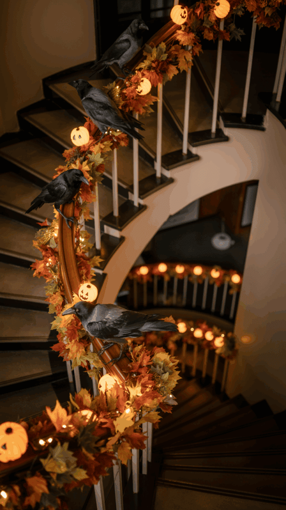 A spiral staircase decorated with autumn leaves, glowing jack-o'-lantern lights, and several perched black crows, creating a festive Halloween atmosphere.