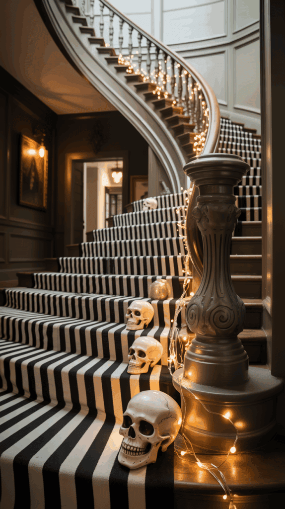 A staircase decorated with black and white striped runner, adorned with skull decorations and illuminated by string lights, creating a spooky atmosphere.