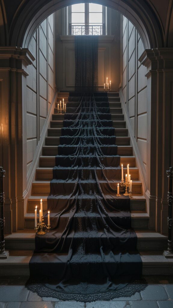 A grand staircase in a dimly lit setting with a black silk fabric draping down the steps, bordered by flickering candles on ornate holders, creating a dramatic and elegant atmosphere.