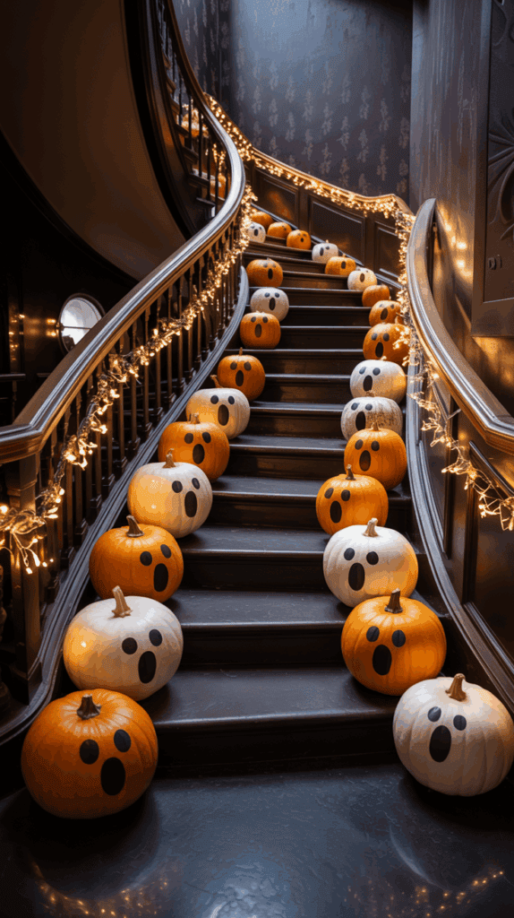 A staircase decorated with orange and white pumpkins painted with ghostly faces, accompanied by string lights along the banister for a Halloween-themed decor.