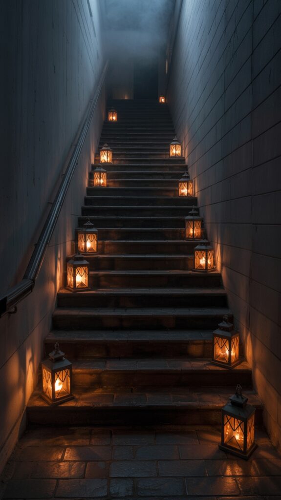 A dimly lit staircase adorned with lanterns on each step, leading into a foggy, mysterious upper area.
