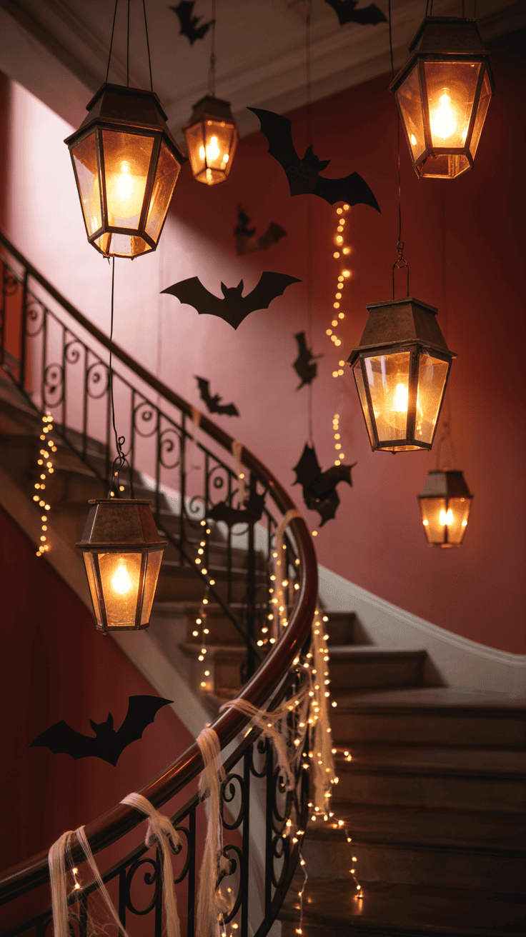 A dimly lit staircase decorated with hanging lanterns, cut-out bats, and string lights for Halloween. The walls are painted red, and the staircase features an ornate black wrought iron railing draped with cobwebs and lights.