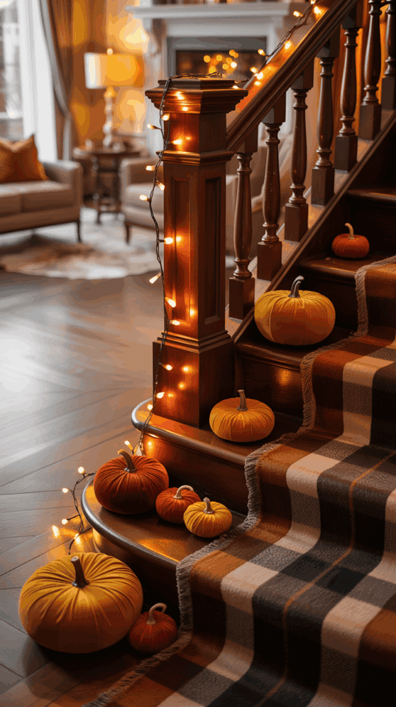 A warmly lit staircase decorated with string lights and various colorful pumpkins, featuring a plaid blanket draped over the steps.