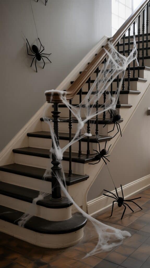 A staircase decorated with large black fake spiders and artificial cobwebs for Halloween.