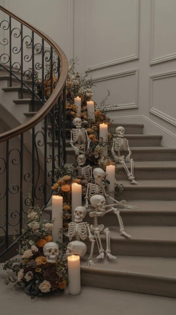 A staircase decorated with skeletons, lit candles, and orange and white flowers, creating a Halloween-themed display.