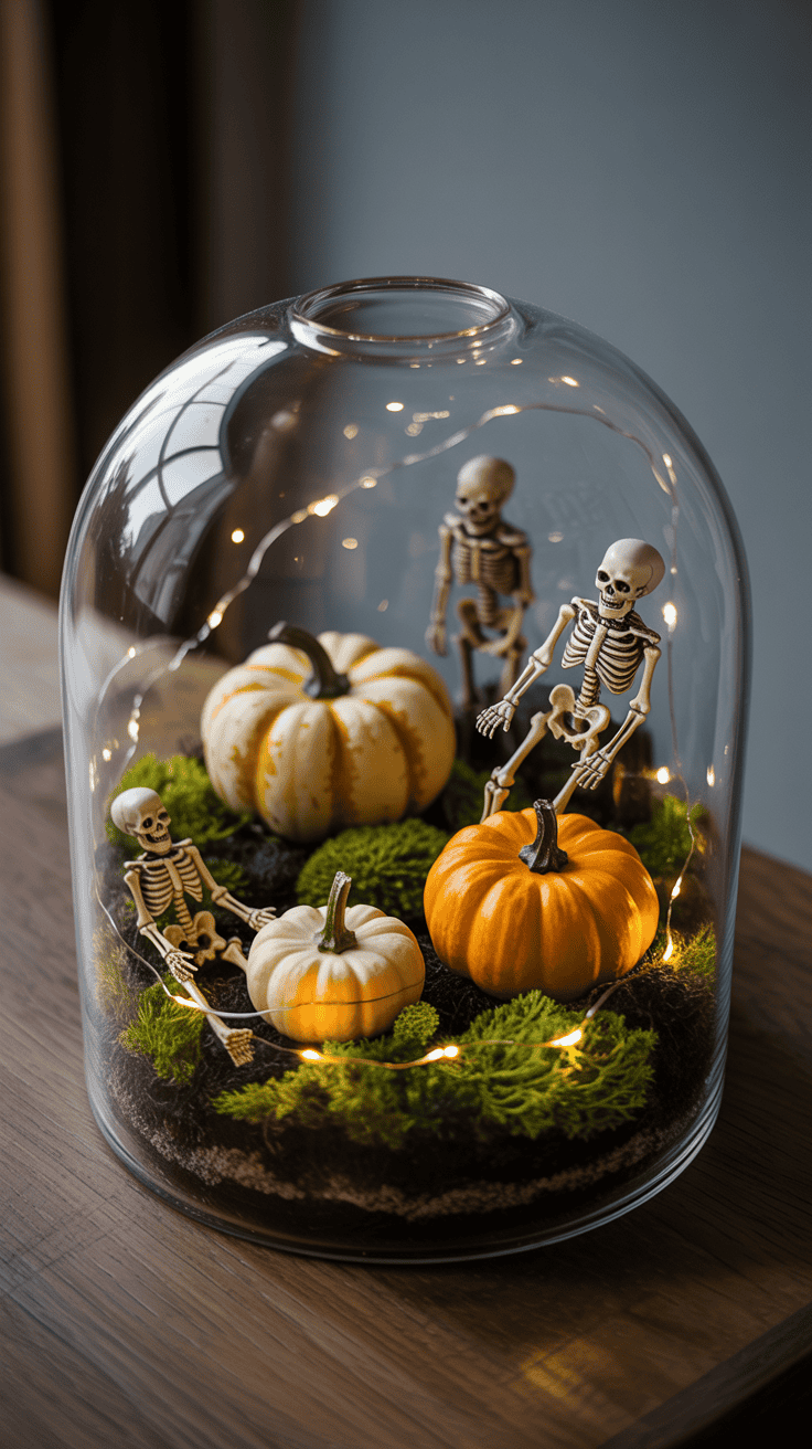 A decorative glass dome containing small skeleton figurines and miniature pumpkins, surrounded by green moss and illuminated by tiny string lights, creating a Halloween-themed display.