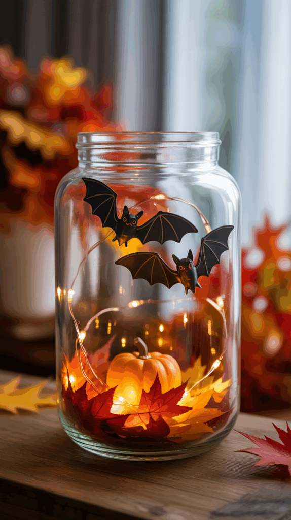 A decorative glass jar containing a miniature pumpkin, colorful autumn leaves, and string lights, with black bat figures attached to the inside of the jar, set against a blurred background of autumn foliage.
