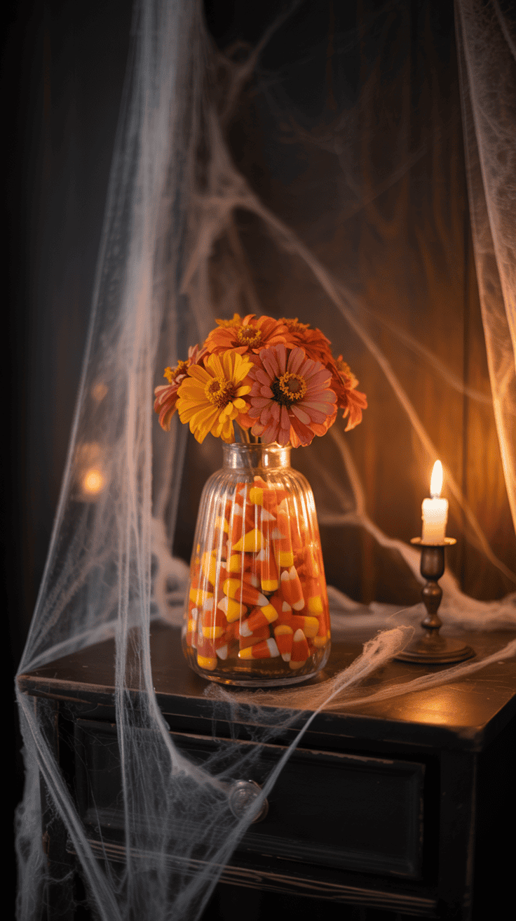 A Halloween-themed arrangement featuring bright orange and yellow flowers in a glass vase filled with candy corn, set on a dark wooden table draped with artificial spider webs, next to a lit candle in a brass holder.