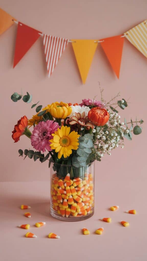 A glass vase filled with candy corn supports a colorful floral arrangement, with gerbera daisies and eucalyptus, set against a pink background. Above the vase, there is a garland of triangular flags in red, yellow, and orange hues.