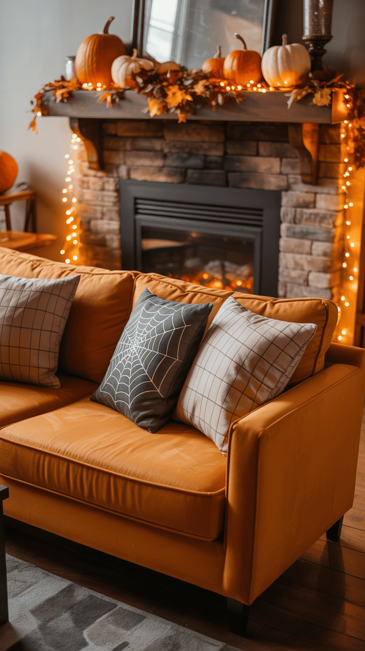 A cozy living room with an orange sofa adorned with three decorative pillows, including one with a spider web design. In the background, a stone fireplace mantel is decorated with pumpkins, fall leaves, and string lights.