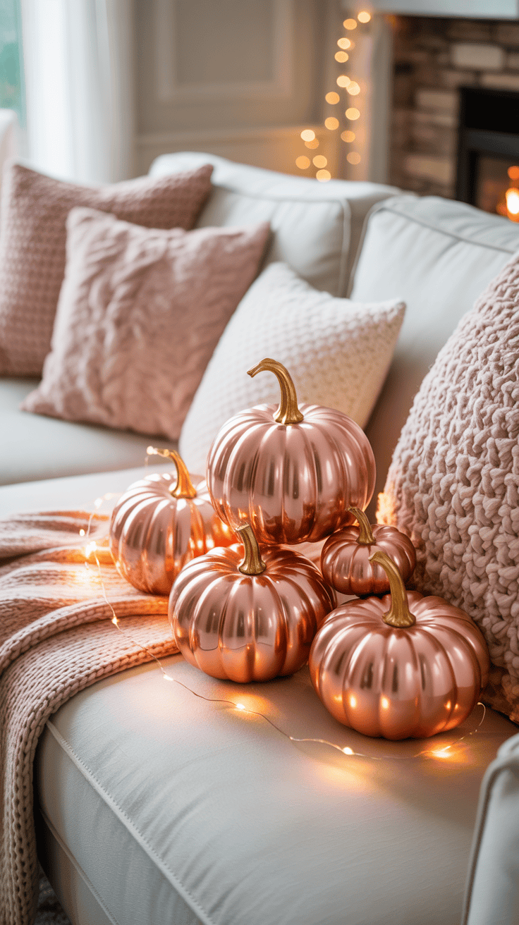 A cozy living room scene featuring several shiny rose gold pumpkins placed on a cream couch, surrounded by soft pink knitted pillows and a matching throw blanket, illuminated by warm fairy lights.