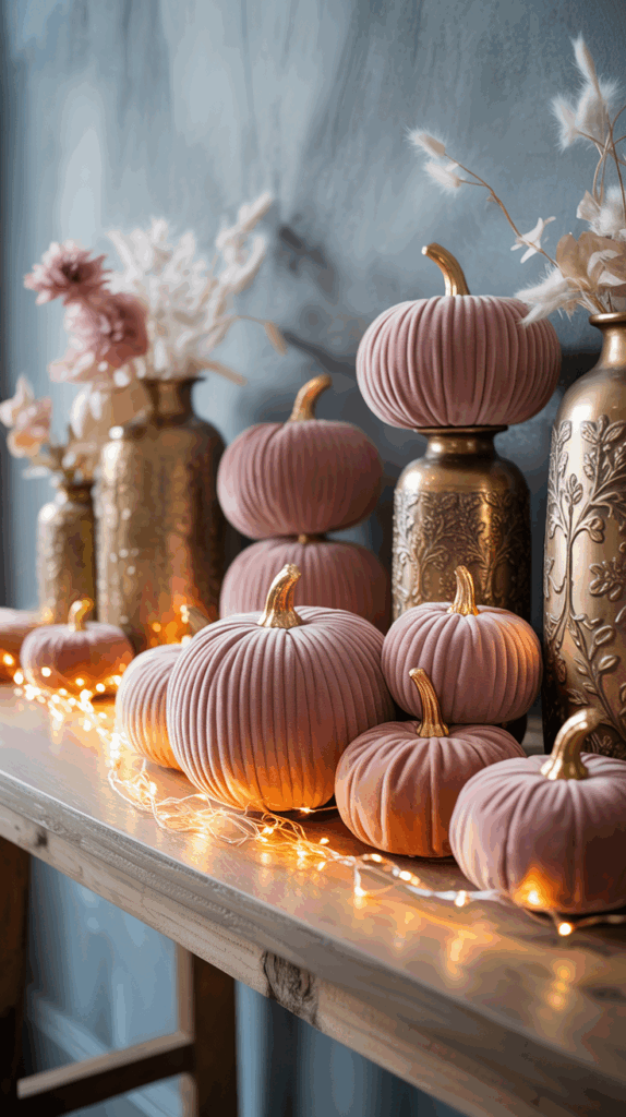 A decorative arrangement featuring velvet pink pumpkins with gold stems, placed on a wooden table alongside ornate gold vases and ambient string lights.