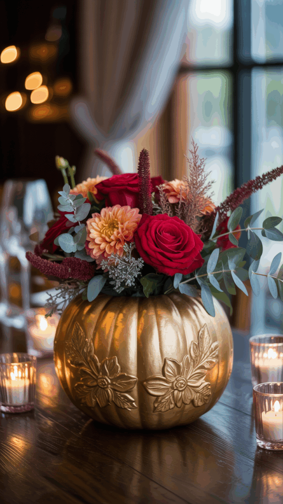 A floral arrangement with red roses, orange dahlias, and greenery is displayed in a decorative gold pumpkin vase on a wooden table, surrounded by lit candles in a softly lit room.