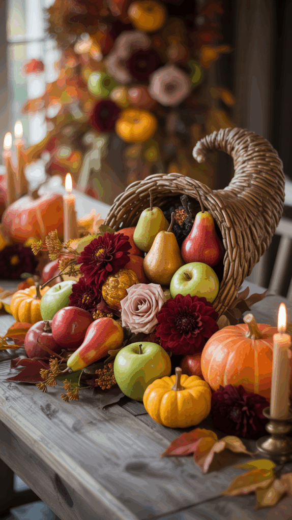 A cornucopia overflowing with apples, pears, small pumpkins, and autumn leaves, adorned with candles and red flowers, on a wooden table.