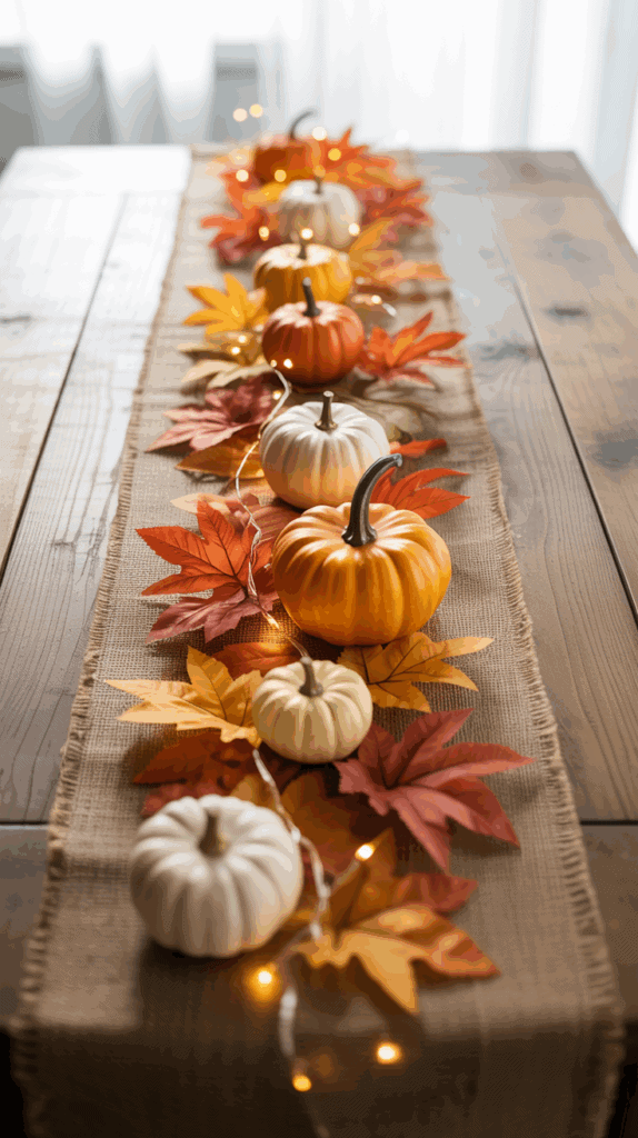 A rustic autumn table centerpiece featuring a burlap runner adorned with small orange and white pumpkins, surrounded by artificial red, orange, and yellow leaves, and lit by small warm string lights.