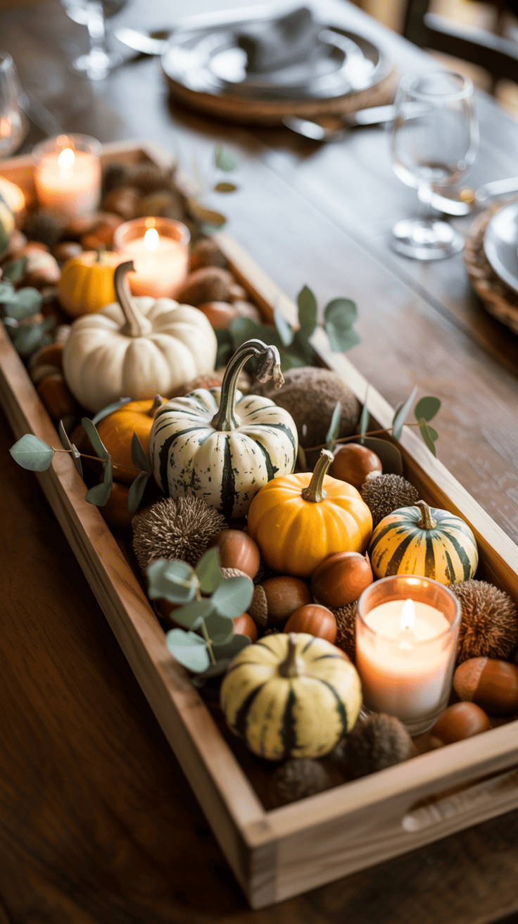 A wooden tray centerpiece on a dining table features an arrangement of small pumpkins, candles, eucalyptus leaves, and decorative nuts, creating an autumn-themed decoration.