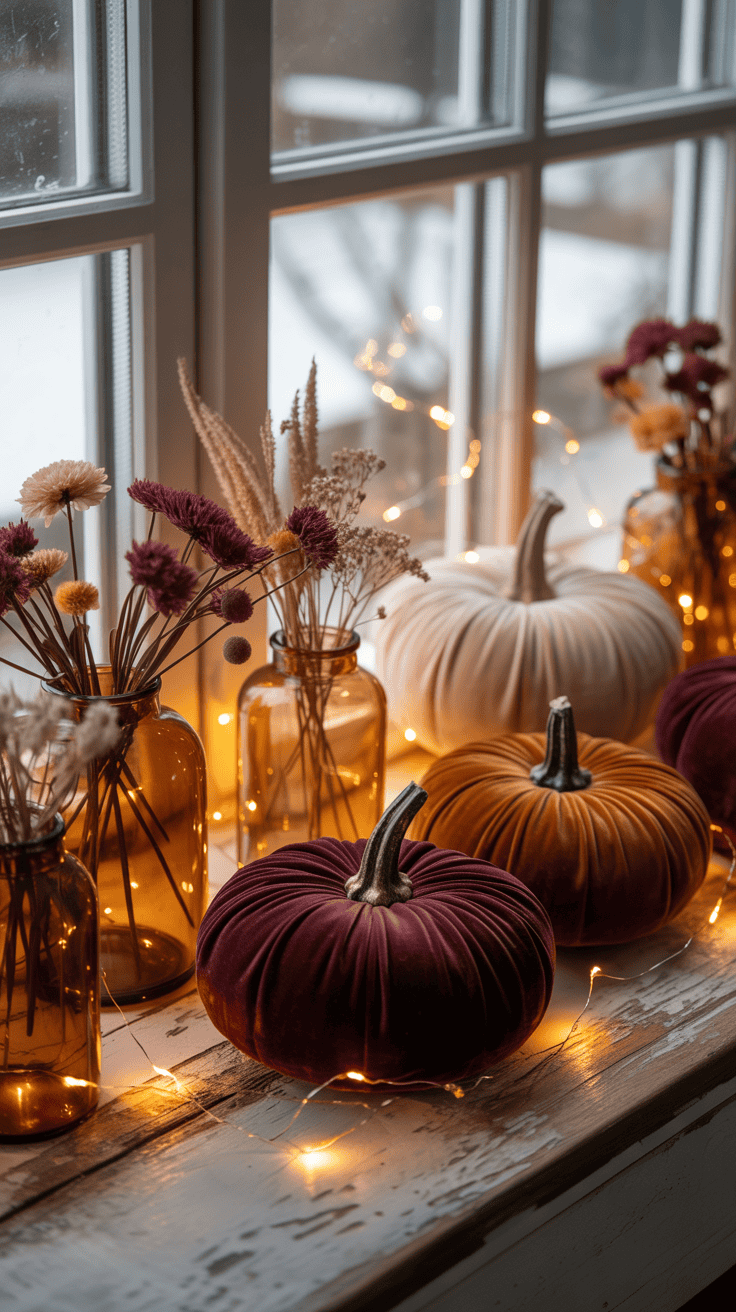 A rustic windowsill decorated with velvet pumpkins in shades of burgundy, orange, and white, surrounded by amber glass vases filled with dried flowers and illuminated by soft fairy lights.