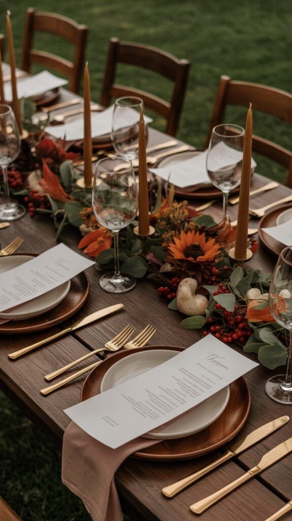 A rustic outdoor dining table is set with wooden plates, gold cutlery, and white menus on light brown napkins. The centerpiece features autumnal decorations including sunflowers, red berries, and candles, creating a warm, festive atmosphere.
