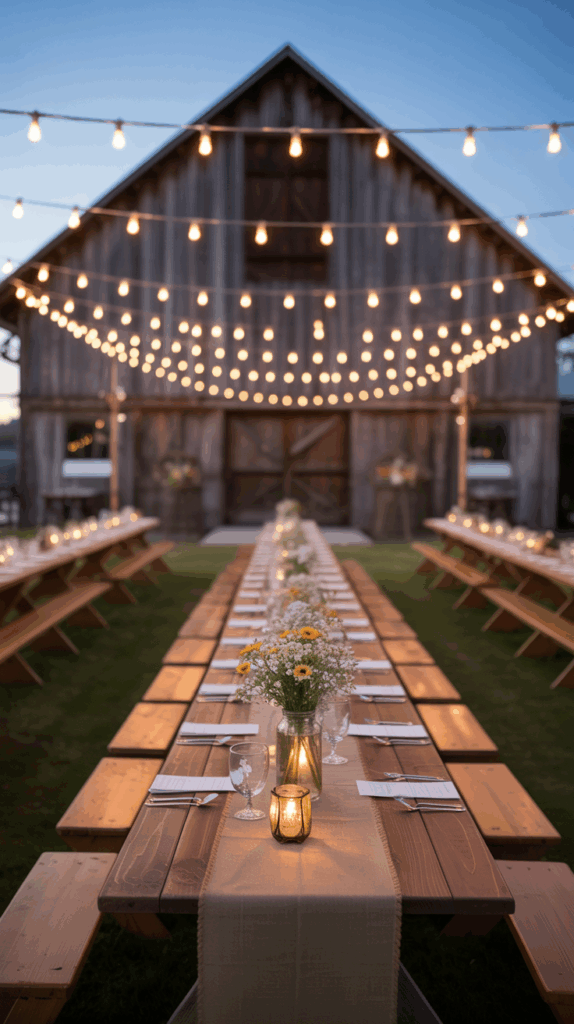 An elegantly set long wooden table with a burlap runner, adorned with small bouquets of daisies and lit candles, positioned outside in front of a rustic barn. String lights are hanging above, creating a warm and inviting atmosphere.