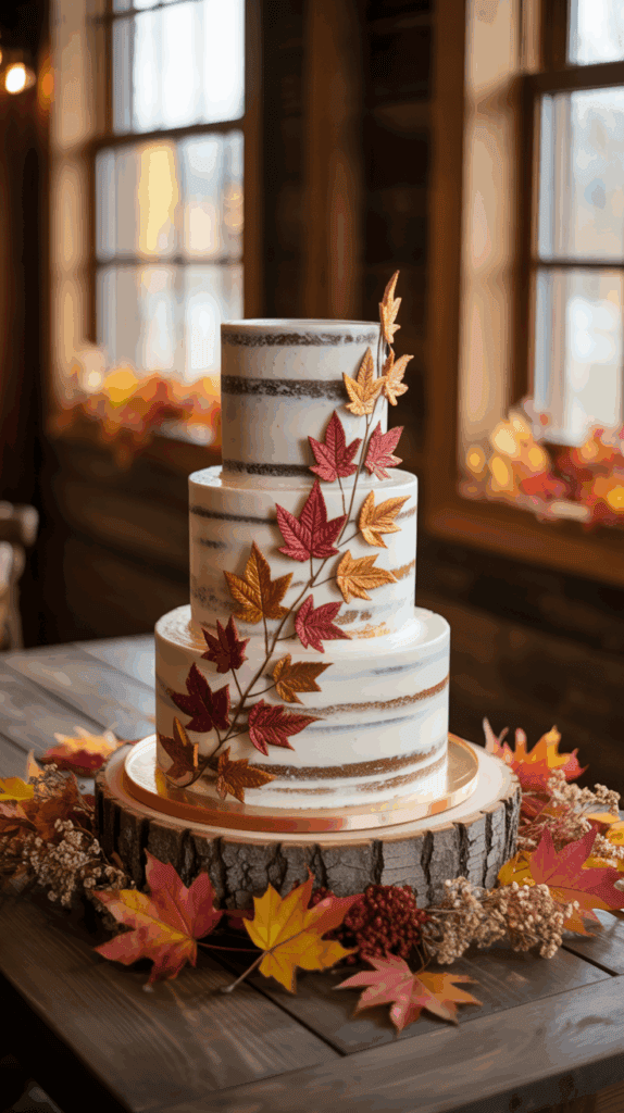 A three-tiered naked cake adorned with red and orange sugar maple leaves is displayed on a wooden base, surrounded by autumnal foliage and flowers. The setting is a rustic room with wooden walls and windows showing a blurred autumn landscape outside.