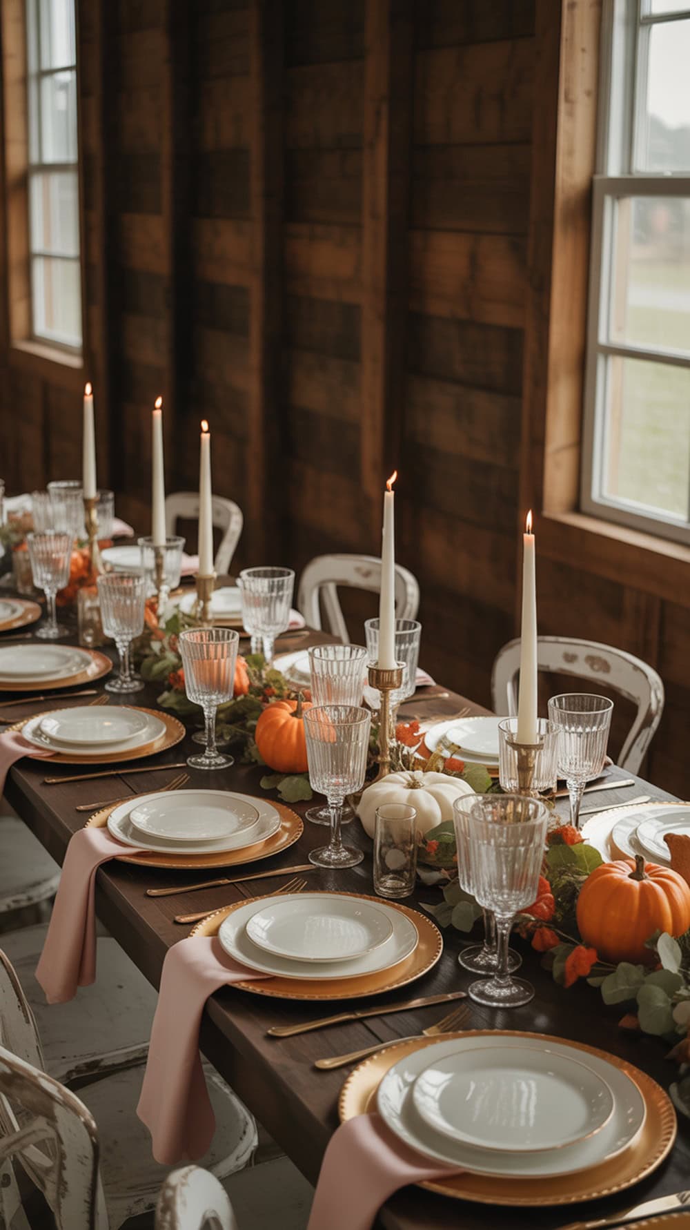 A rustic dining table set for a formal meal with white plates on gold charger plates, crystal glasses, and tall white candles. The table is decorated with small pumpkins and greenery, with light pink napkins draped under the plates. The setting is inside a wooden-walled room with windows allowing in natural light.