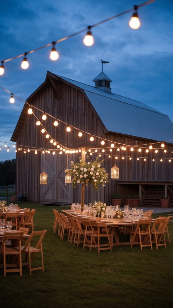 A rustic outdoor wedding setup with wooden tables and chairs under string lights, in front of a large barn at dusk.