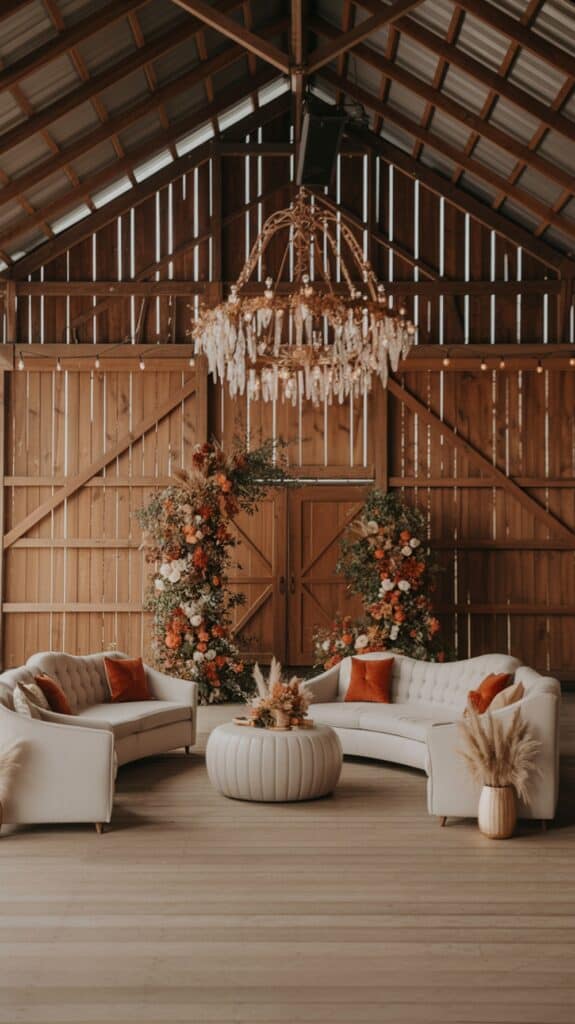 A rustic indoor setting with two curved tufted sofas facing each other, adorned with orange cushions, and centered around a round ottoman displaying floral arrangements. The background features wooden barn doors decorated with vibrant flower arches and an ornate chandelier hangs from the wooden ceiling.