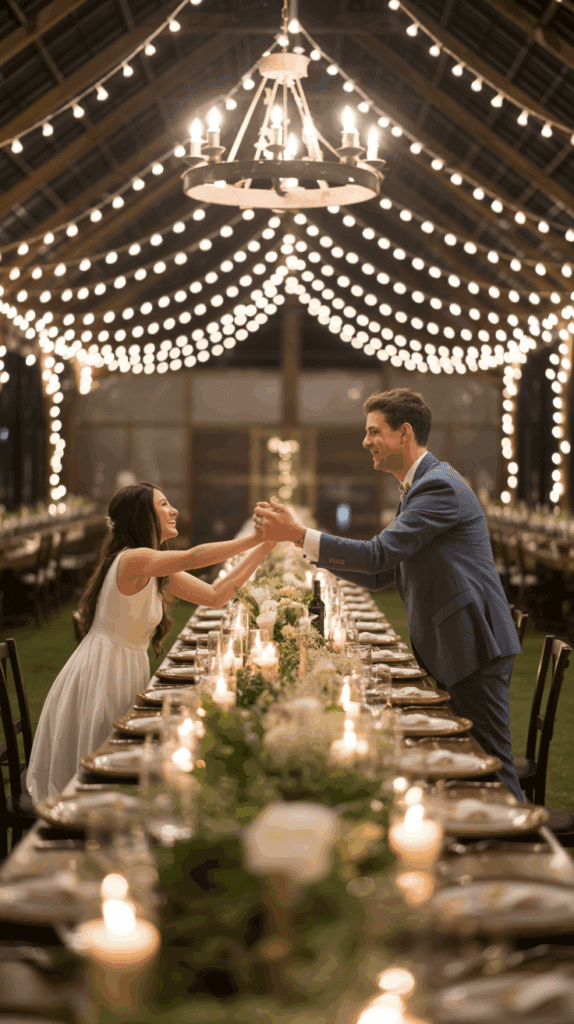 A bride and groom reach across a long, candlelit table decorated with greenery and white flowers, holding hands and smiling at each other. The setting is romantically lit with string lights and a chandelier hanging overhead.