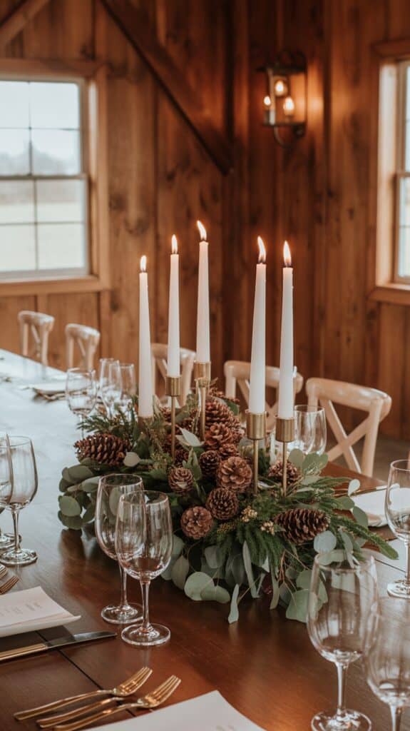 A dining table with a rustic wooden setting features a centerpiece of five white lit candles in a holder surrounded by pinecones and greenery. The table is set with glassware, plates, and gold cutlery.