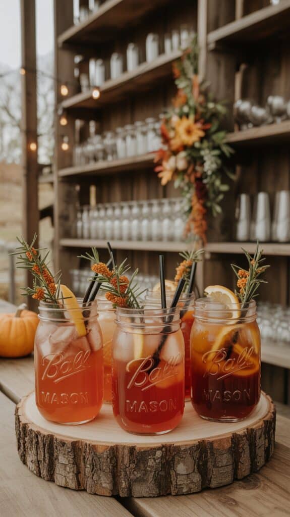Four mason jars filled with iced drinks, garnished with rosemary and orange slices, placed on a wooden slab with a rustic shelf and autumn decorations in the background.