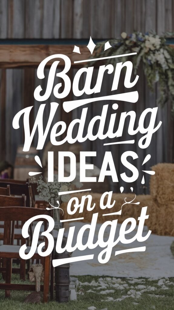 Text overlay on a photo of a rustic barn wedding setup with hay bales and chairs, reading "Barn Wedding Ideas on a Budget."