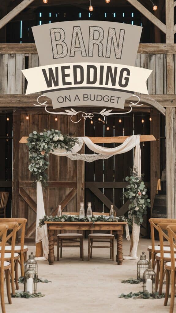 A rustic barn wedding setup with wooden chairs and a decorated table under a wooden arch, adorned with greenery and lace fabric. Above the scene is a banner with the text "Barn Wedding on a Budget."