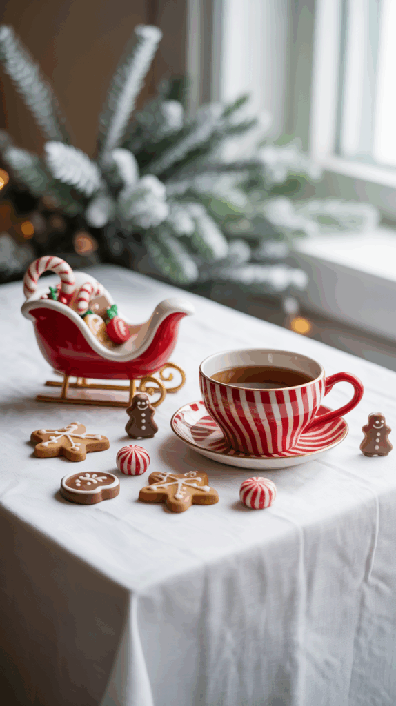 A festive setup featuring a red and white striped teacup with tea, surrounded by gingerbread cookies shaped like snowflakes and gingerbread men, and peppermint candies on a table. A small decorative sleigh holds additional candies, against a backdrop of frosted pine branches and soft lighting.