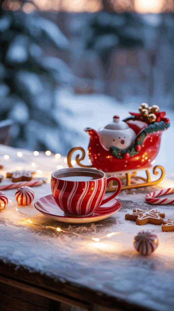 A festive scene with a red and white striped teacup filled with hot chocolate on a snowy table, surrounded by gingerbread cookies, candy canes, and illuminated string lights, with a Santa-themed teapot sleigh in the background.