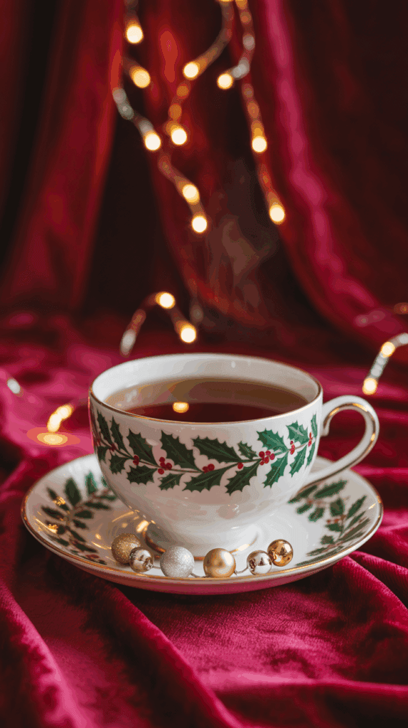 A steaming cup of tea in a festive cup and saucer decorated with holly leaves and berries, placed on a rich red velvet background with blurred golden fairy lights in the background.