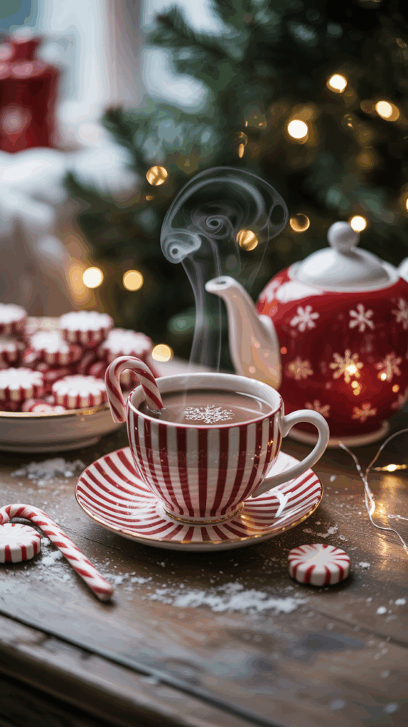 A festive scene featuring a steaming cup of hot chocolate in a candy cane striped cup, with a candy cane hanging over the edge. The cup sits on a matching saucer, beside a plate of peppermint candies and a red teapot with snowflake patterns. In the background, a Christmas tree adorned with glowing lights is visible.